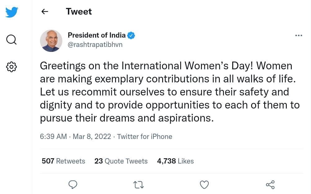 International Women's Day 2022 President Kovind, PM Modi and other leaders congratulated women across the country