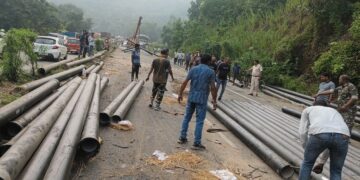 Pipe loaded Trailer Overturned